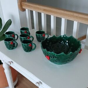 Lefton HOLLY BERRY Punch Bowl 6 Cups 8 Oz Holiday Entertaining Set Vintage Japan